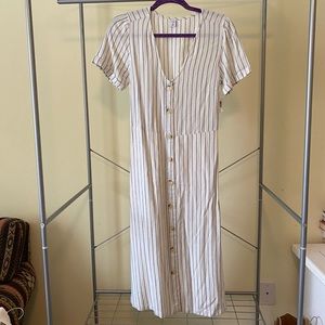 Cream and blue striped mid calf linen dress.
